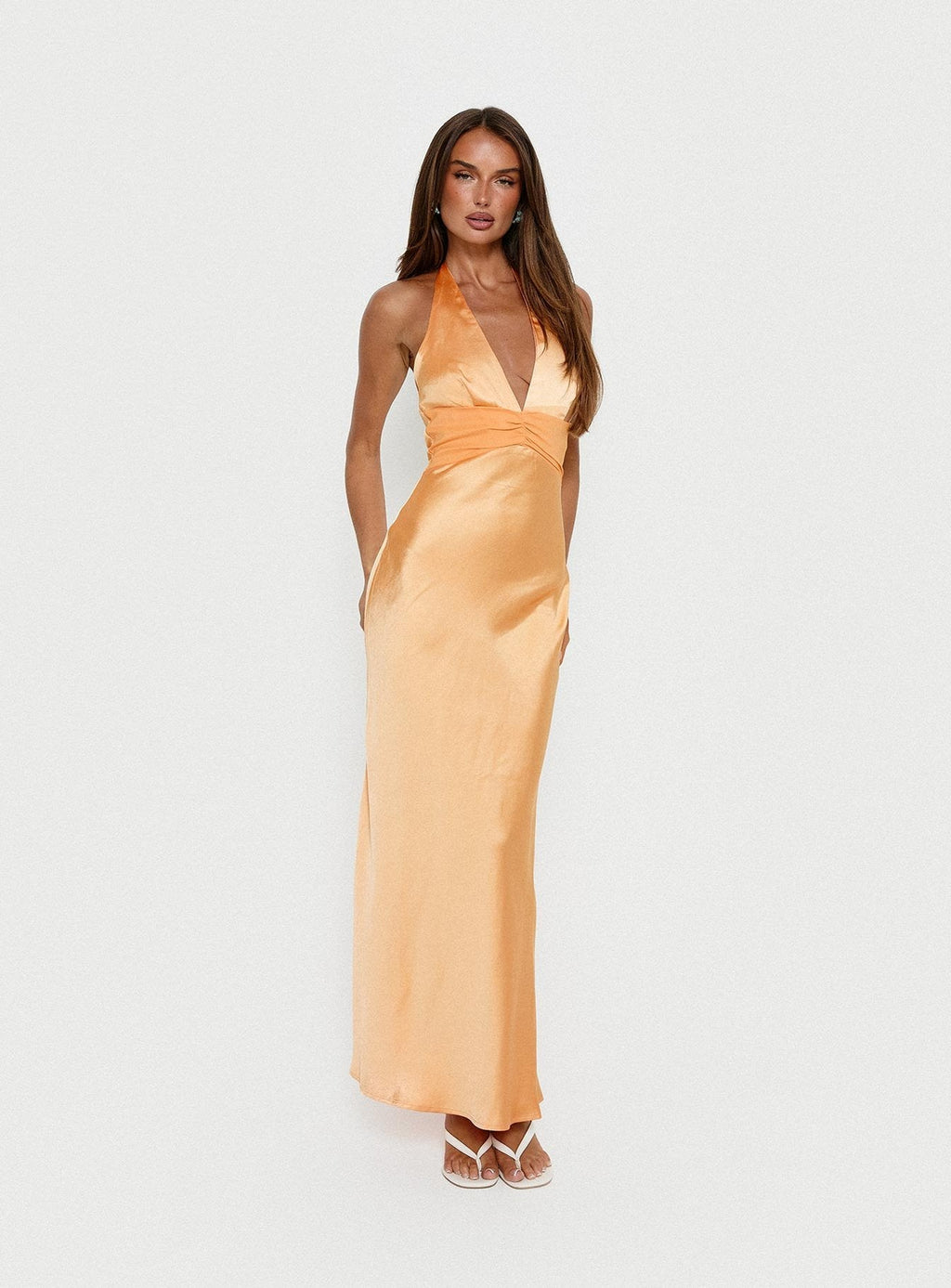 Sazenna Halter Plunge Maxi Dress Orange