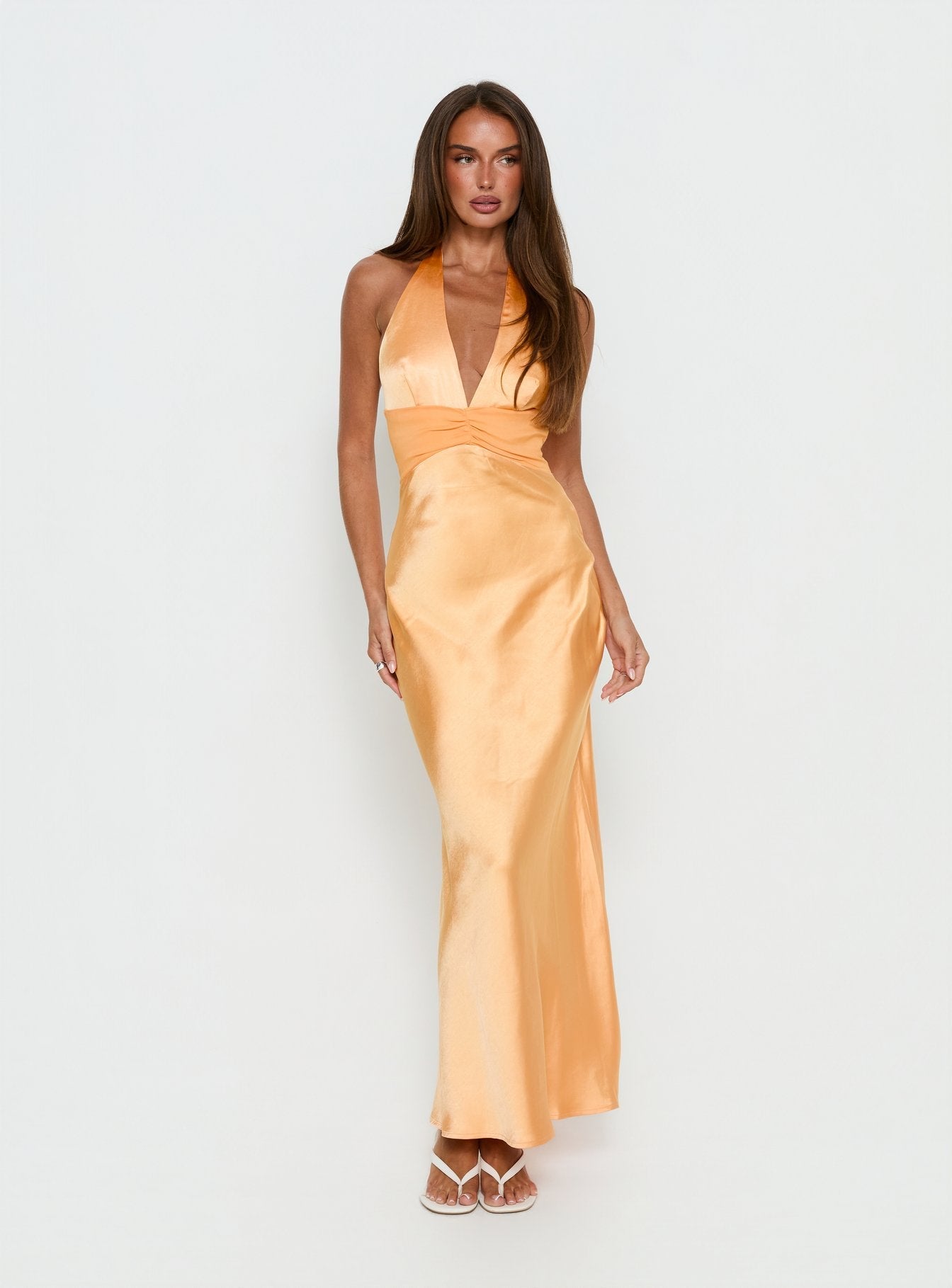 Sazenna Halter Plunge Maxi Dress Orange